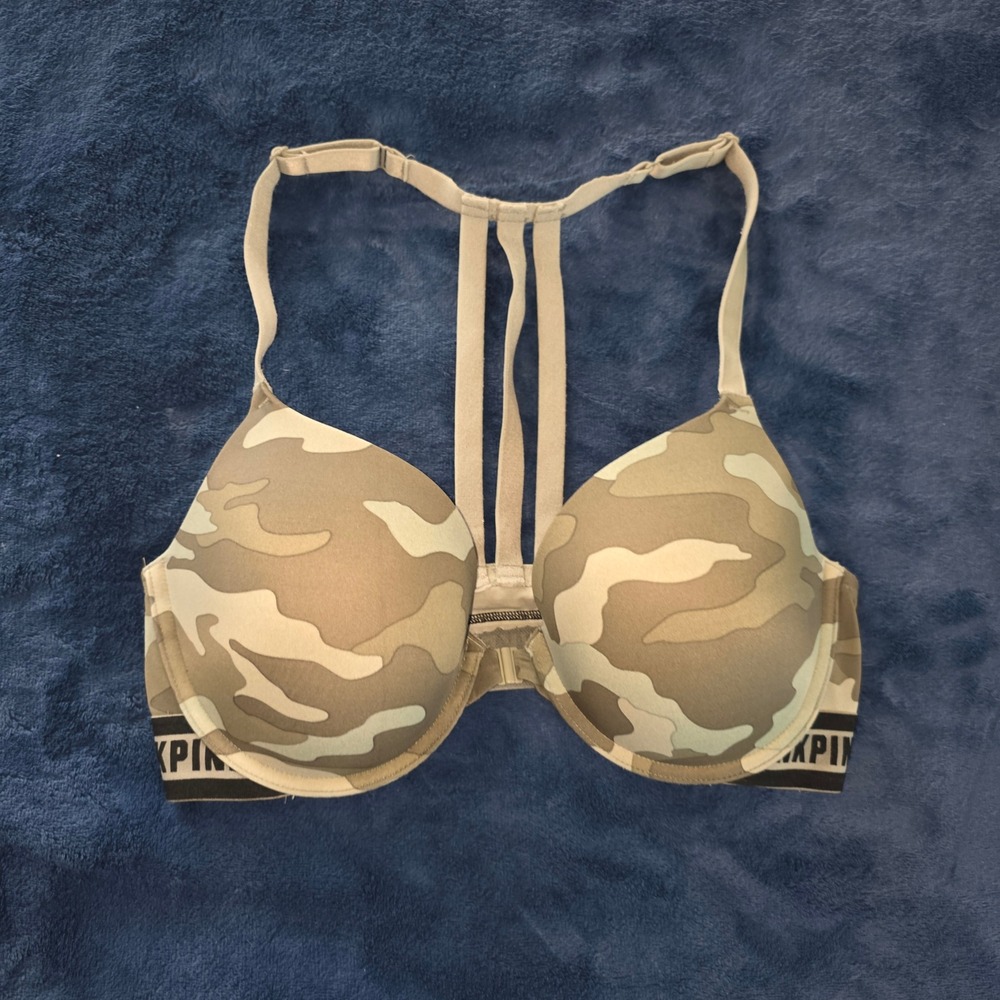 PINK Victoria's Secret Camo Push‎ Up Bra Front Close Racerback Green Tan 36D
